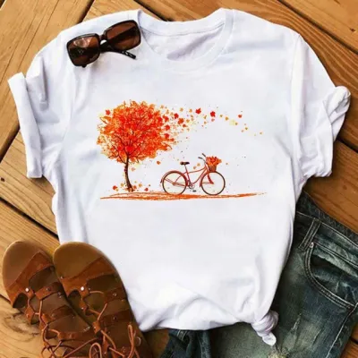 Women Loose Casual Bicycle Printed Short-Sleeved T-Shirt