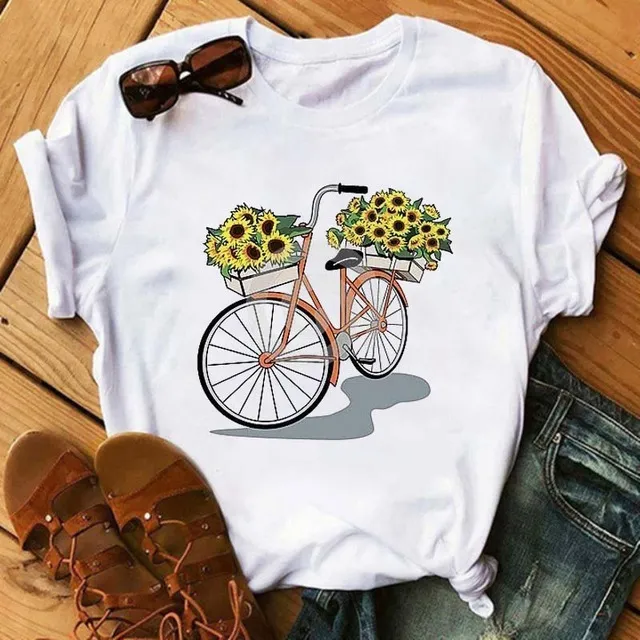 Women Loose Casual Bicycle Printed Short-Sleeved T-Shirt