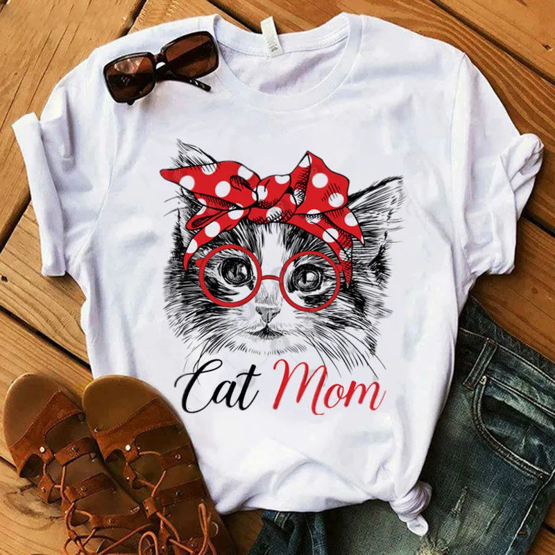 Summer Women Fashion Cat And Dog Cartoon Printed Short-Sleeved T-Shirt