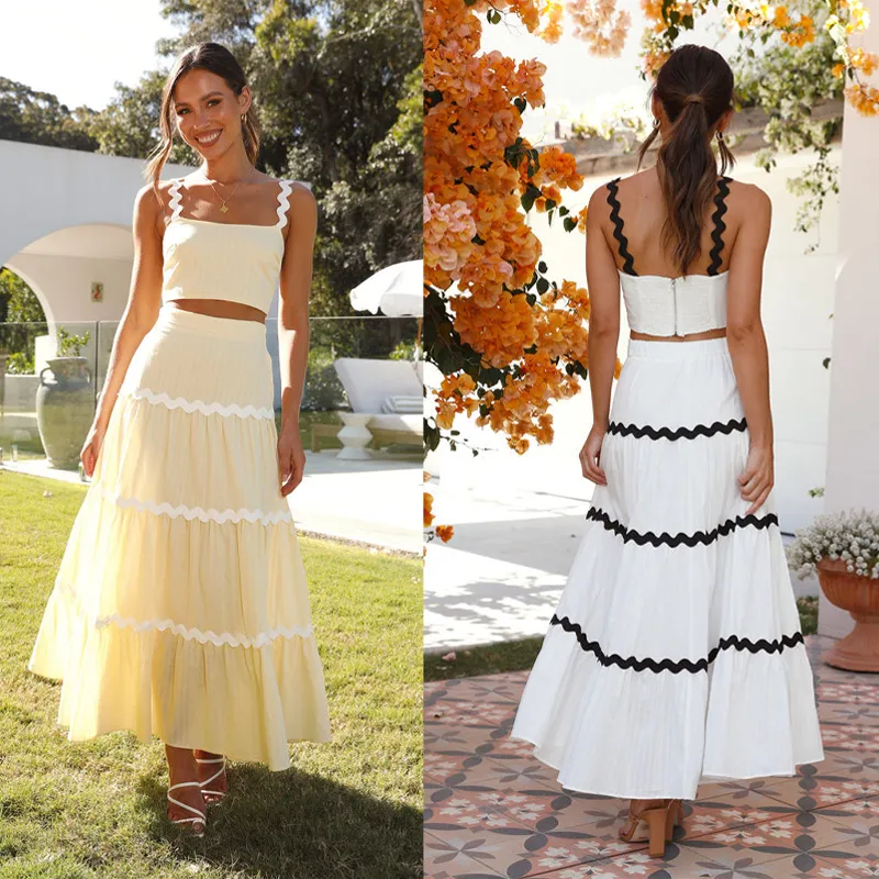 Women Fashion Solid Color Strap Top Oversize Skirt Two-Piece Set