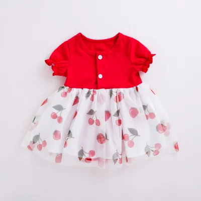 Kids Baby Girls Cute Fruit Print Short Sleeve Round Neck Dress Sleeveless Cotton Sweet Romper
