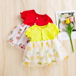 Kids Baby Girls Cute Fruit Print Short Sleeve Round Neck Dress Sleeveless Cotton Sweet Romper