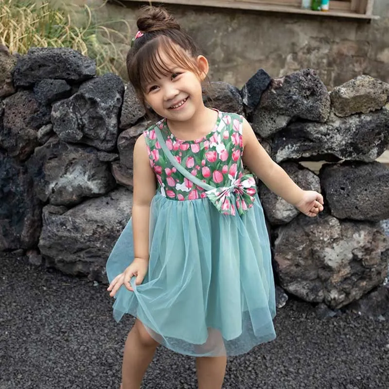 Kids Toddler Girls Casual Cute Bunny Floral Princess Print Sleeveless Round Neck A-Line Dress