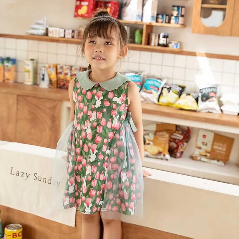 Kids Toddler Girls Easter Casual Cute Bunny Floral Print Sleeveless Lapel Cotton Dress
