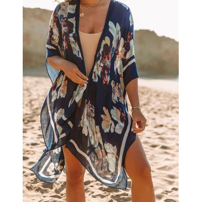Women Casual Vacation Beach Chiffon Printed Bat Sleeve Swimwear Cover-Ups