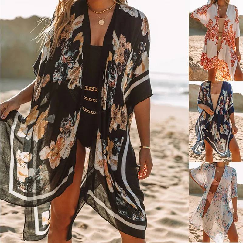 Women Casual Vacation Beach Chiffon Printed Bat Sleeve Swimwear Cover-Ups