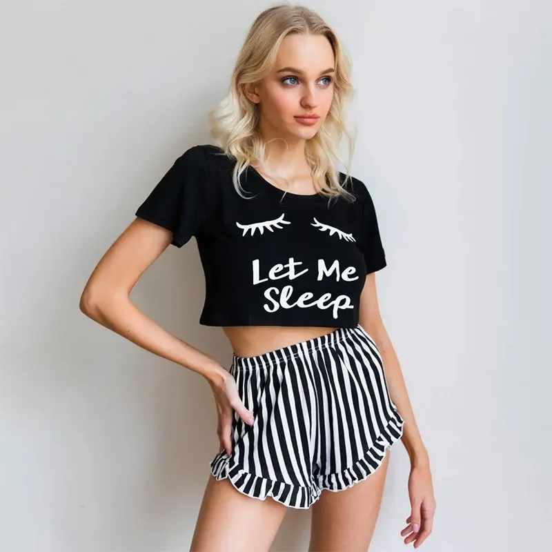 Women's Casual Alphabet Print Pajamas Set - Milk Fiber, Shorts