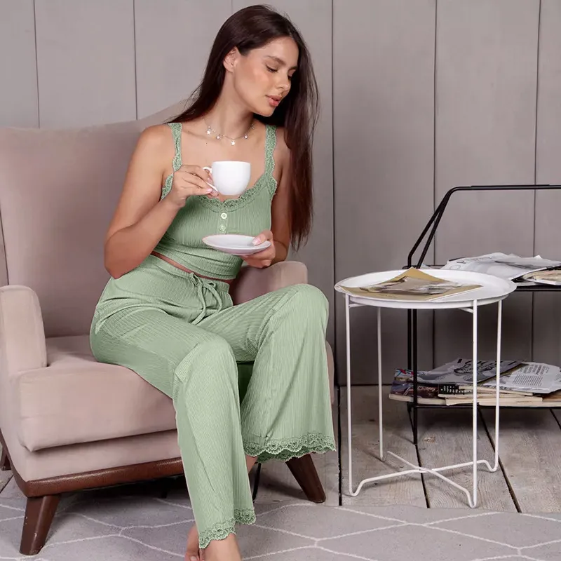 Women's Sling V-Neck Pajamas Set - Ribbed Jacquard Polyester