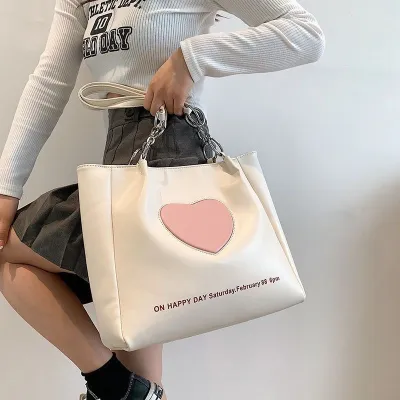 Women Fashion Simple Heart-Shaped Pu Large-Capacity Tote Bag