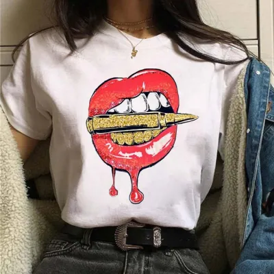Women Casual Lip Print Short Sleeve T-Shirt