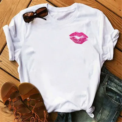 Women Casual Lip Print Short Sleeve T-Shirt