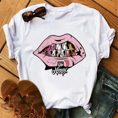Women Casual Lip Print Short Sleeve T-Shirt