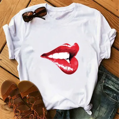 Women Casual Lip Print Short Sleeve T-Shirt