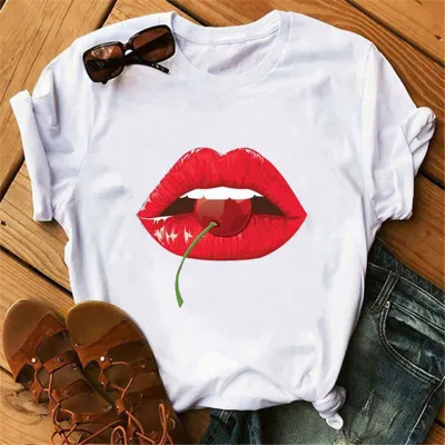 Women Casual Lip Print Short Sleeve T-Shirt