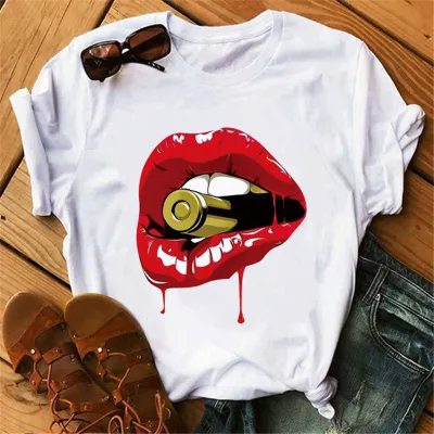 Women Casual Lip Print Short Sleeve T-Shirt