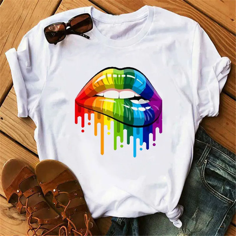 Women Casual Lip Print Short Sleeve T-Shirt