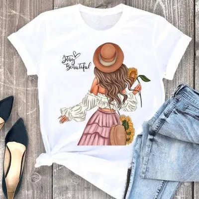 Women Casual Crewneck Short-Sleeved T-Shirt with Geometric Print