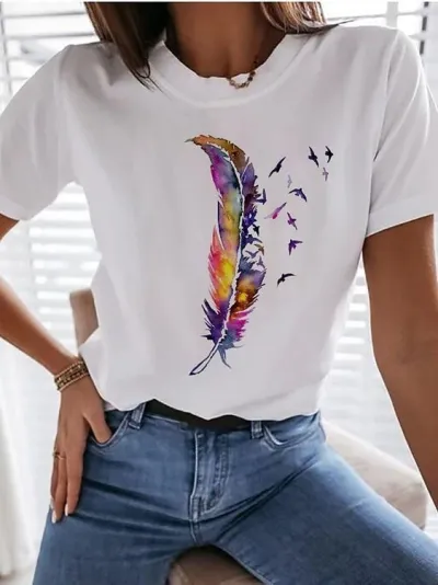 Women Casual Crewneck Short-Sleeved T-Shirt with Geometric Print