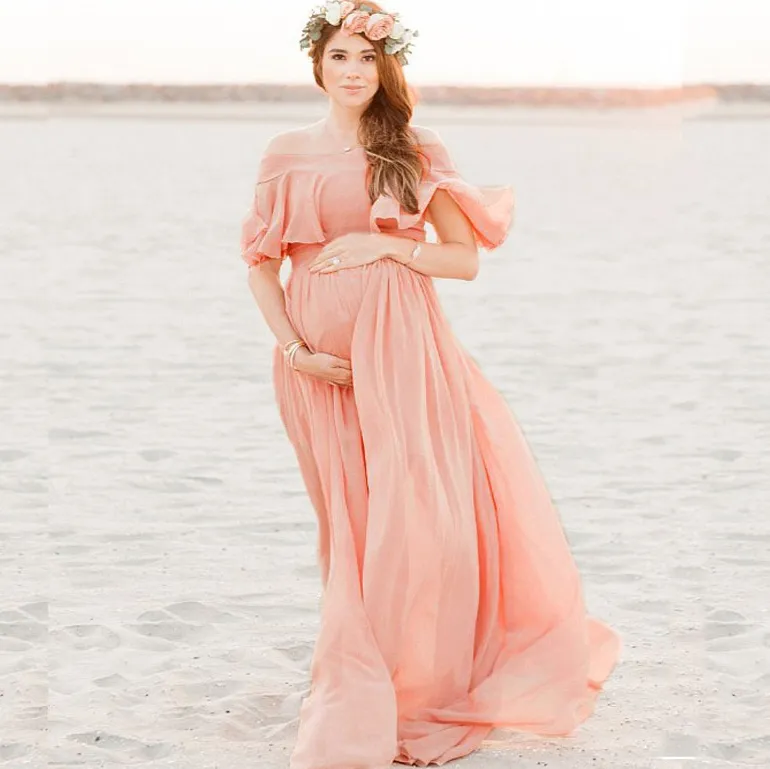 Women Fashion Sexy Off Shoulder Mesh Chiffon Maternity Dress