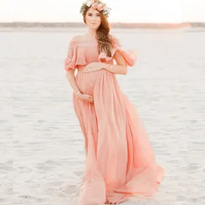 Women Fashion Sexy Off Shoulder Mesh Chiffon Maternity Dress