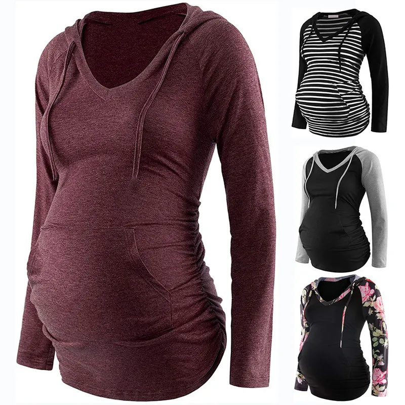 Pregnant Women Fashion V-Neck Floral Print Long Sleeve Pocket Top