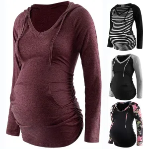 Pregnant Women Fashion V-Neck Floral Print Long Sleeve Pocket Top