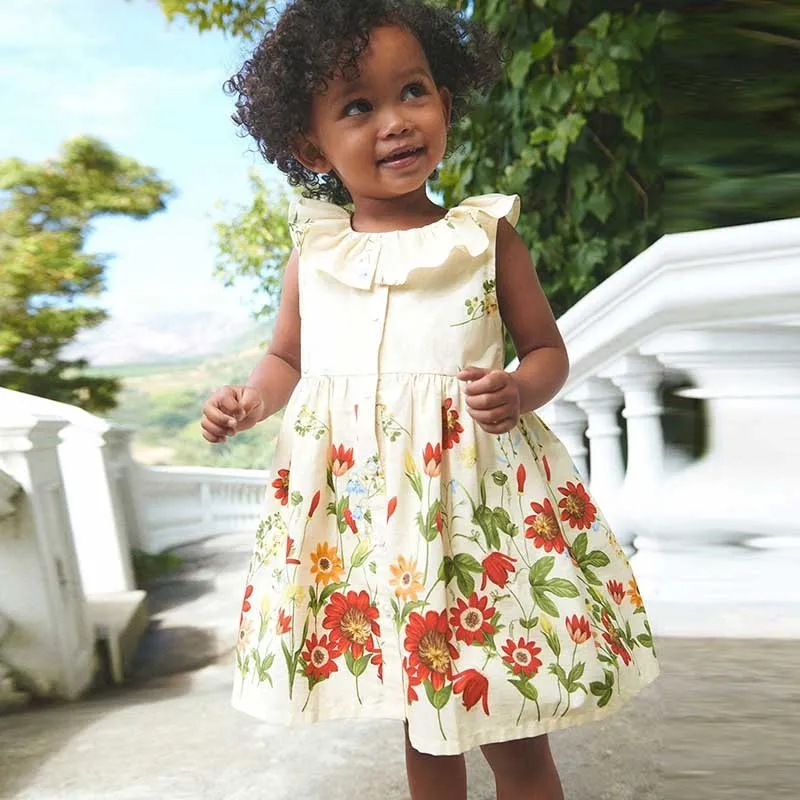 Kids Toddler Girls Casual Cute Floral Print Sleeveless Ruffled Cotton Princess Dress