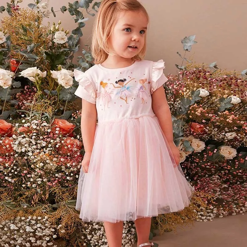 Kids Toddler Girls Casual Cute Cartoon Print Short Sleeve Round Neck Mesh Dress