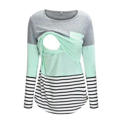 Maternity Casual Stripe Printed Crewneck Long Sleeve Breastfeeding Top