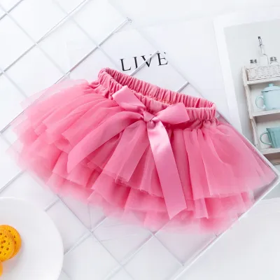 Kids Baby Girls Casual Cute Solid Color Bow Mesh Party Tutu Princess Skirt Culottes Cotton Cake Skirt