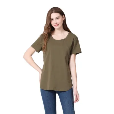 Maternity Breastfeeding T-Shirt - Casual Solid Color Round Neck Short Sleeve