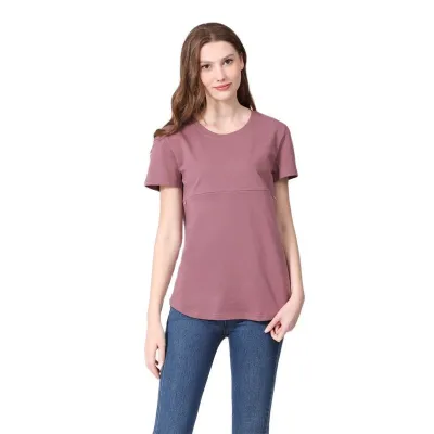 Summer Maternity Breastfeeding T-Shirt - Solid Color Round Neck Short Sleeve - Japanese Korean Casual Style