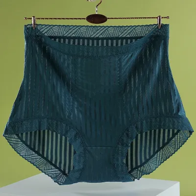 Women Plus Size High Waist Ice Silk Cotton Underwear with Stripe Pattern
