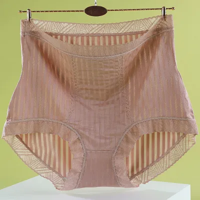 Women Plus Size High Waist Ice Silk Cotton Underwear with Stripe Pattern