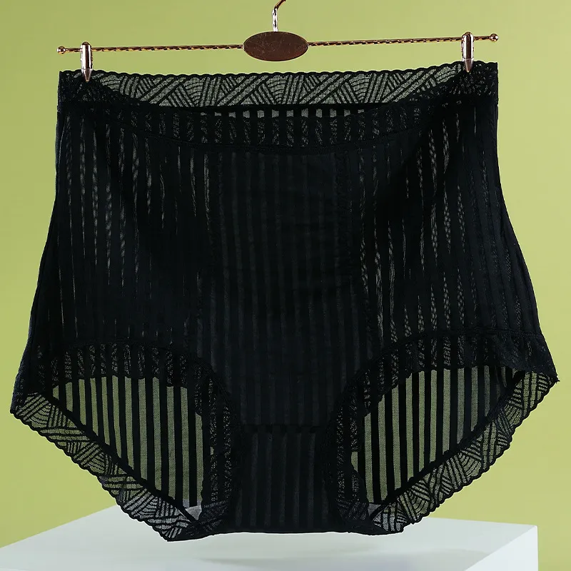 Women Plus Size High Waist Ice Silk Cotton Underwear with Stripe Pattern