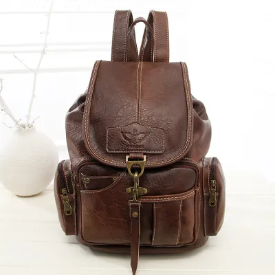 Women Fashion Retro Multi-Pocket Zipper Backpack PU Solid Color