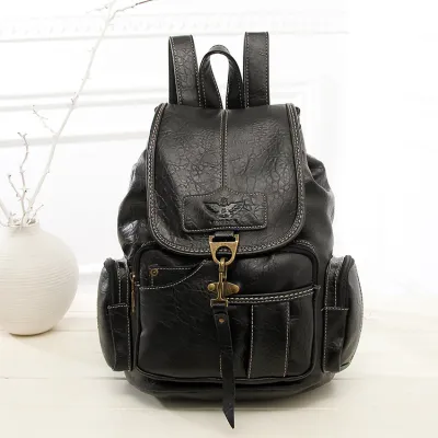Women Fashion Retro Multi-Pocket Zipper Backpack PU Solid Color