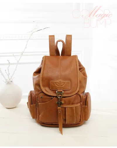 Women Fashion Retro Multi-Pocket Zipper Backpack PU Solid Color