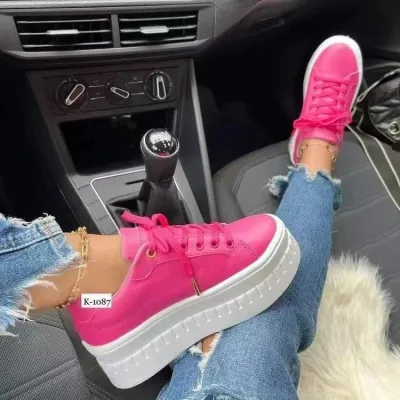 Women Casual Solid Color Plus Size Thick-Soled Lace Up Sneakers