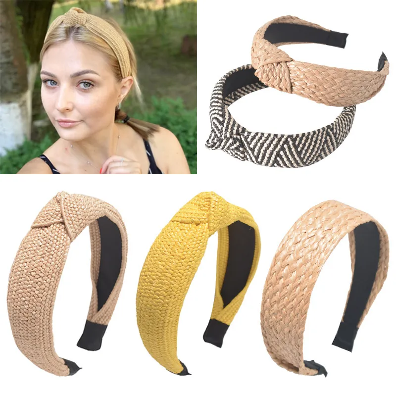 Women Simple Wide-Brimmed Hand-Woven Cross-Knotted Cloth Headbands