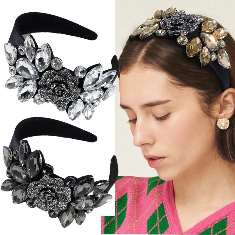 Women Fashion Exaggerated Floral Rhinestone Wide-Brimmed Headbands