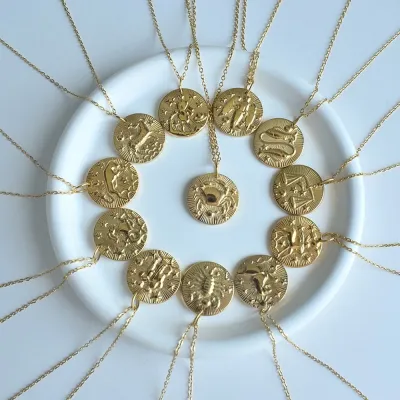 Women Fashion Simple Embossed Round Twelve Zodiac Stainless Steel Necklace