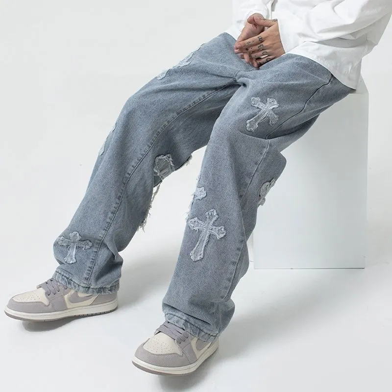 Men Fashion Casual Hip Hop Cross Pattern Straight Jeans Mid Waist High Stretch