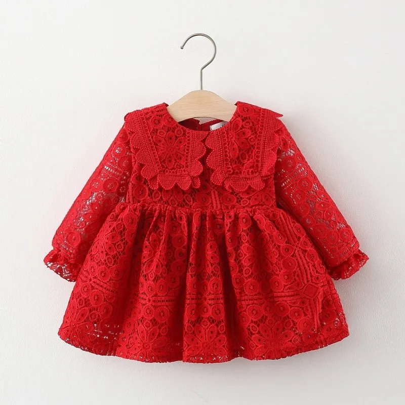 Kids Baby Girls Casual Cute Solid Color Lace Hollow Long Sleeve Lapel Princess Dress