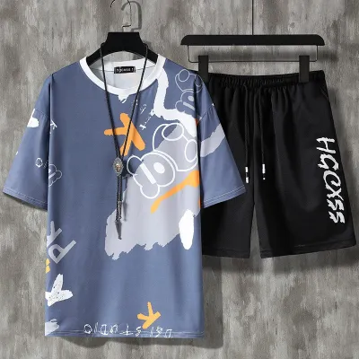 Men Fashion Casual Cartoon Print Plus Size Short Sleeve Round Neck T-Shirt Shorts Set