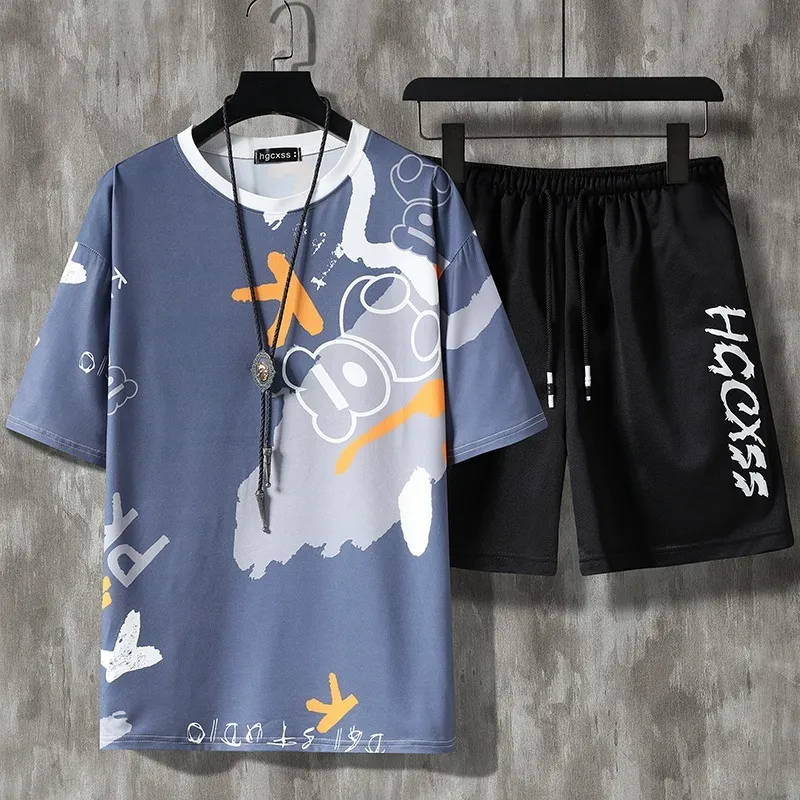 Men Fashion Casual Cartoon Print Plus Size Short Sleeve Round Neck T-Shirt Shorts Set