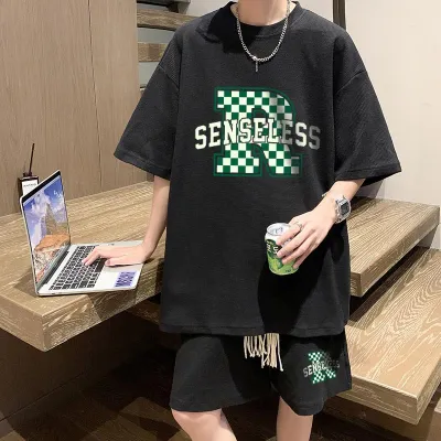 Men Fashion Casual Letter Print Plus Size Wafflick Short Sleeve Round Neck T-Shirt Shorts Set