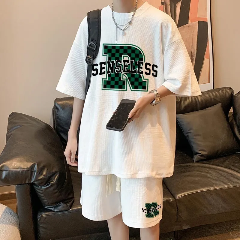 Men Fashion Casual Letter Print Plus Size Wafflick Short Sleeve Round Neck T-Shirt Shorts Set