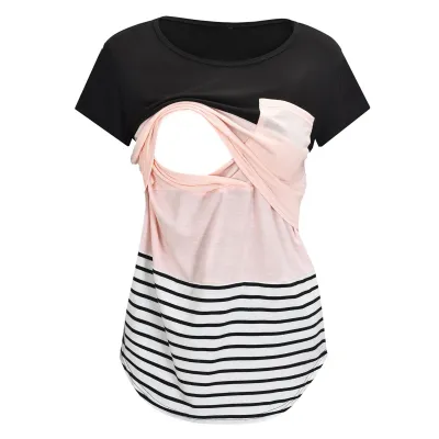 Summer Maternity Casual Stripe Stitching Short Sleeve Breastfeeding Top
