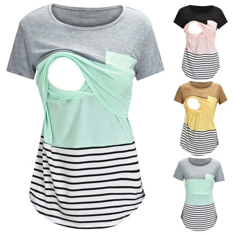 Summer Maternity Casual Stripe Stitching Short Sleeve Breastfeeding Top